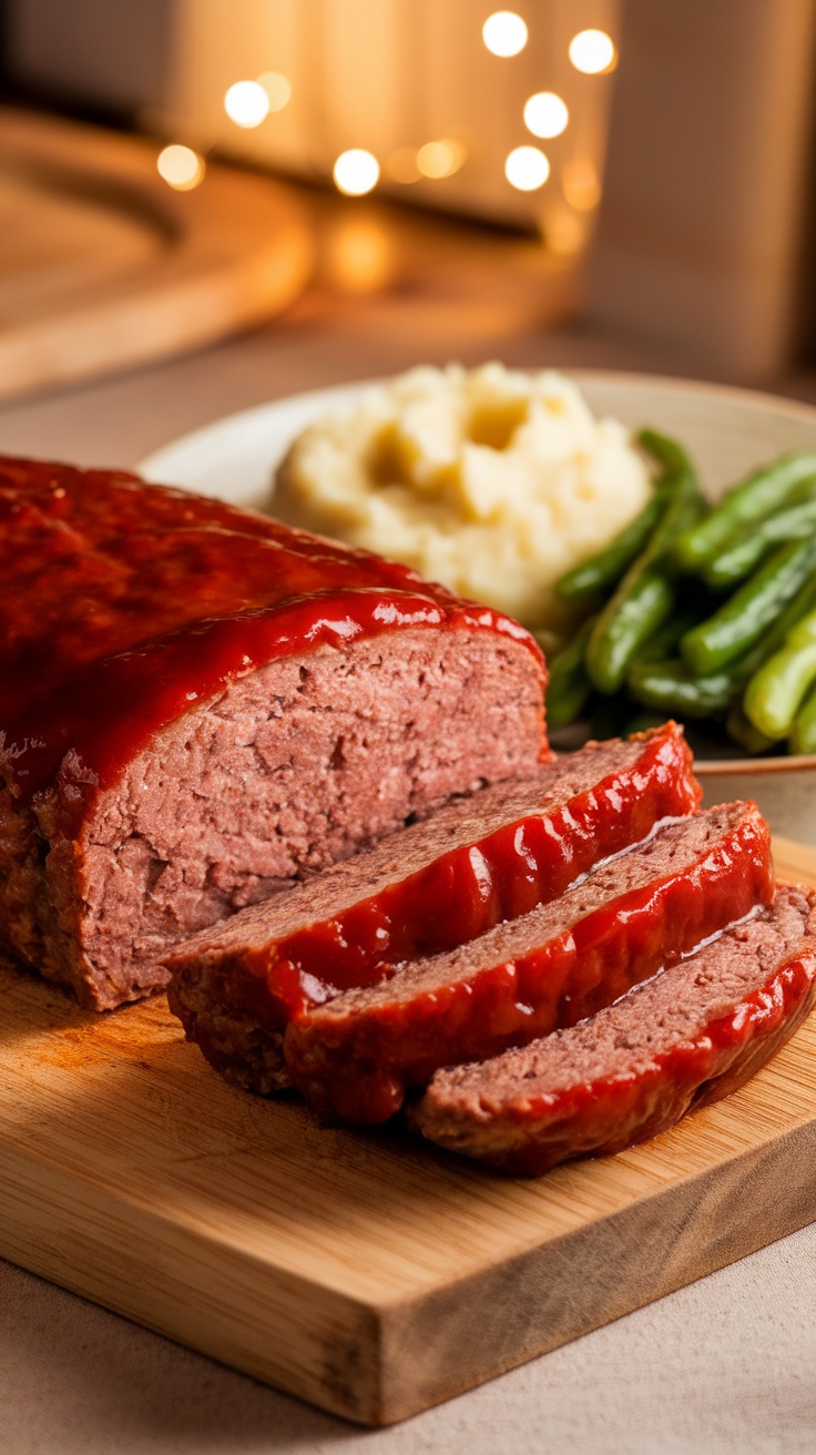 A sliced meatloaf with ketchup glaze on a cutting board, served with mashed potatoes and green beans.